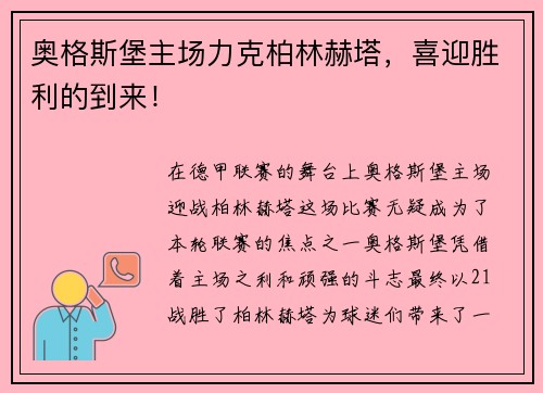 奥格斯堡主场力克柏林赫塔，喜迎胜利的到来！
