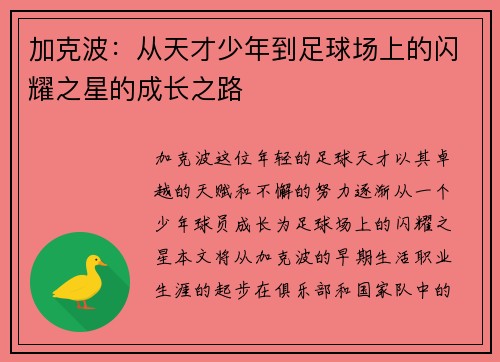 加克波：从天才少年到足球场上的闪耀之星的成长之路